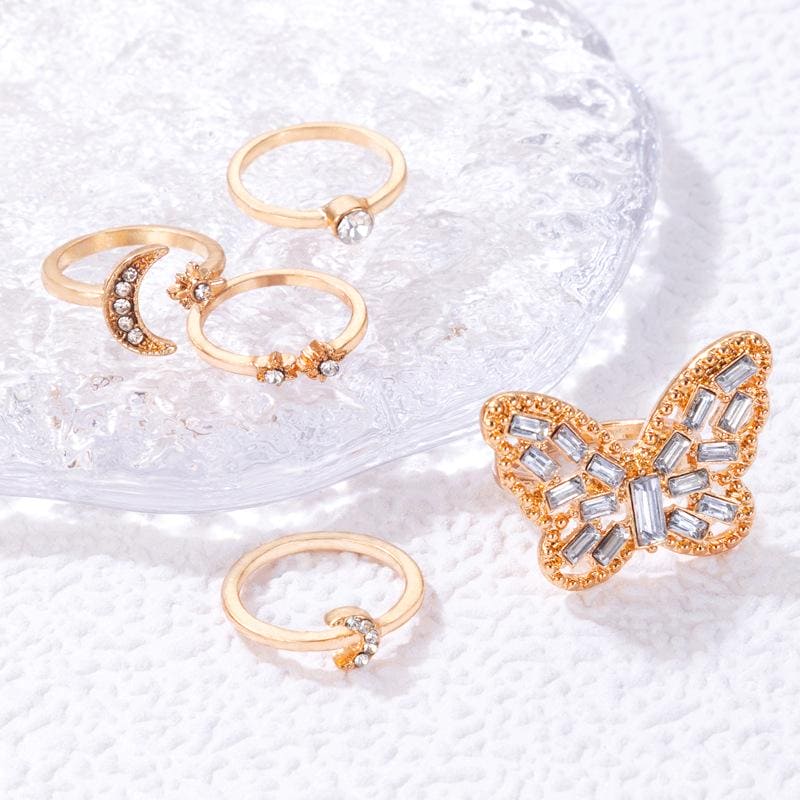 Set Of 5 Alloy Butterfly Star Moon Set Open Rings, Crystal Star Moon Butterfly Knuckle Finger Ring Set, Cartoon Moon Finger Rings Star Heart Jewellery Set Of 5 Alloy Butterfly Star Moon Set Open Rings, Crystal Star Moon Butterfly Knuckle Finger Ring Set, Cartoon Moon Finger Rings Star Heart Jewellery